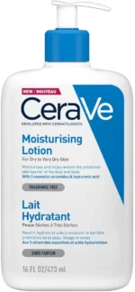 CeraVe Moisturizing Lotion: A 24-hour hydrating body and face moisturizer formulated for normal to dry skin types.  This non-comedogenic, oil-free, and fragrance-free lotion contains hyaluronic acid and ceramides.  Available in a 16 oz (473 ml) bottle.