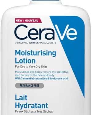 CeraVe Moisturizing Lotion: A 24-hour hydrating body and face moisturizer formulated for normal to dry skin types.  This non-comedogenic, oil-free, and fragrance-free lotion contains hyaluronic acid and ceramides.  Available in a 16 oz (473 ml) bottle.