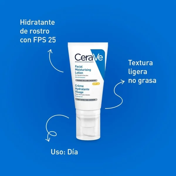 CeraVe AM Facial Moisturizing Lotion SPF 25 is a daytime facial moisturizer formulated for normal to dry skin.  It contains hyaluronic acid, provides UV protection, and incorporates ceramides.  This non-comedogenic, oil-free, and fragrance-free lotion is available in a 1.75 oz (52 mL) size. - Image 4