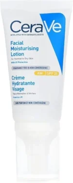 CeraVe AM Facial Moisturizing Lotion SPF 25 is a daytime facial moisturizer formulated for normal to dry skin.  It contains hyaluronic acid, provides UV protection, and incorporates ceramides.  This non-comedogenic, oil-free, and fragrance-free lotion is available in a 1.75 oz (52 mL) size.