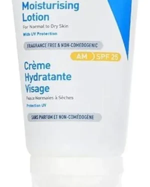 CeraVe AM Facial Moisturizing Lotion SPF 25 is a daytime facial moisturizer formulated for normal to dry skin.  It contains hyaluronic acid, provides UV protection, and incorporates ceramides.  This non-comedogenic, oil-free, and fragrance-free lotion is available in a 1.75 oz (52 mL) size.