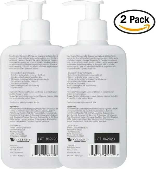 CeraVe Salicylic Acid Cleanser | 8 Ounce, Pack of 2 | Renewing Exfoliating Face Wash with Vitamin D for Rough and Bumpy Skin | Fragrance Free - Image 3