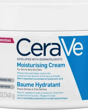 CeraVe Moisturizing Cream: A 48-hour hydrating body and face moisturizer formulated for dry to very dry skin types.  This fragrance-free cream contains hyaluronic acid and ceramides.  12 oz (340 g).