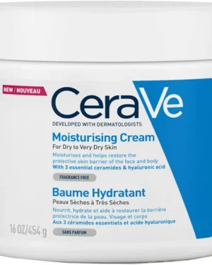 CeraVe Moisturizing Cream: A 48-hour hydrating body and face moisturizer formulated for dry to very dry skin types.  This fragrance-free cream contains hyaluronic acid and ceramides.  16 oz (454 g).