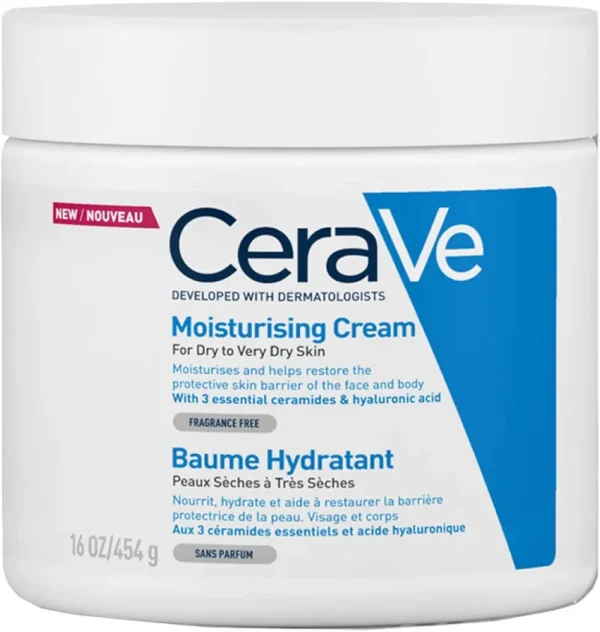 CeraVe Moisturizing Cream: A 48-hour hydrating body and face moisturizer formulated for dry to very dry skin types.  This fragrance-free cream contains hyaluronic acid and ceramides.  16 oz (454 g). - Image 1