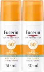 Eucerin Face Sunscreen Oil Control Gel-Cream Dry Touch, High UVA/UVB Protection, SPF 50+, Light Texture Sun Protection, Suitable Under Make-Up, For Oily Acne-Prone Skin, 50ml x 2