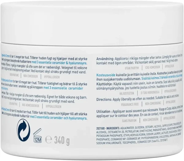 CeraVe Moisturizing Cream: A 48-hour hydrating body and face moisturizer formulated for dry to very dry skin types.  This fragrance-free cream contains hyaluronic acid and ceramides.  12 oz (340 g). - Image 2