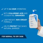 CeraVe Moisturizing Lotion: A 24-hour hydrating body and face moisturizer for normal to dry skin types.  Formulated with hyaluronic acid and ceramides, it is non-comedogenic, oil-free, and fragrance-free.  Available in an 8 oz (236 ml) bottle. - Image 2