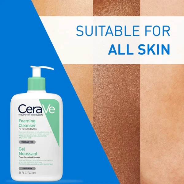 CeraVe Foaming Facial and Body Cleanser, formulated for normal to oily skin types, contains hyaluronic acid, niacinamide, and ceramides.  This fragrance-free and paraben-free cleanser is available in a 16 oz (473 ml) bottle. - Image 6