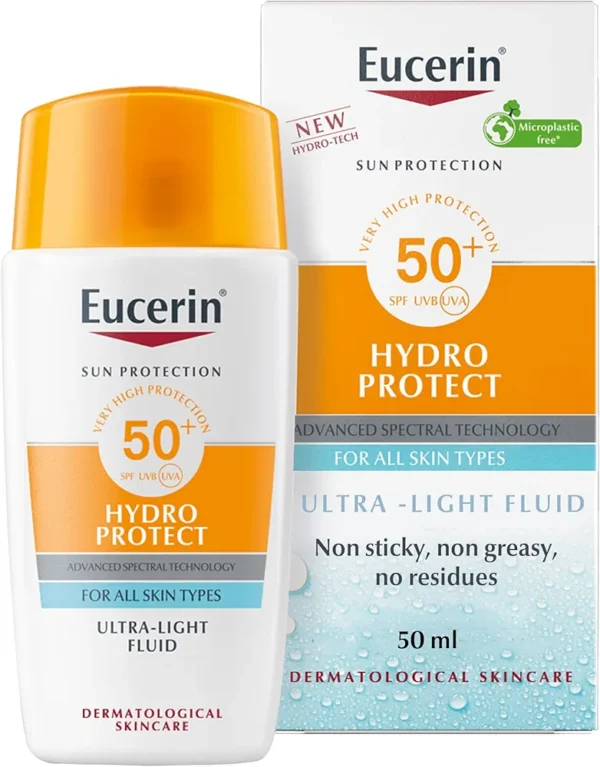Eucerin Sunscreen Hydro Protect Face Ultra Light Fluid, High UVA/UVB Protection, SPF 50+, Suitable for Daily Use, Non sticky, Non Greasy, Suitable for All Skin Types, 50ml - Image 1