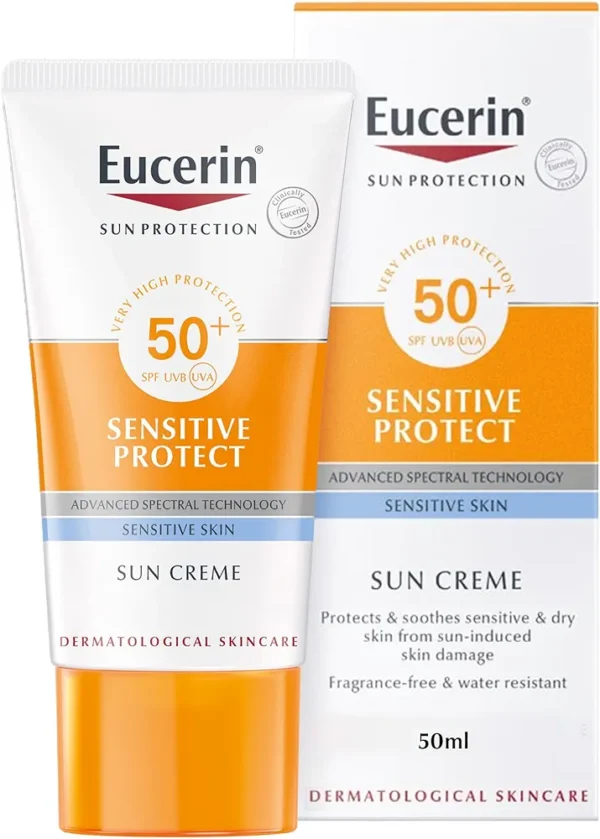 Eucerin Sun Sensitive Protect Facial Sunscreen, High UVA/UVB Protection, SPF 50+, Water-Resistant, Fragrance-Free, Sun Protection For Sensitive and Dry Skin, Suitable for Atopic Skin, 50ml - Image 1