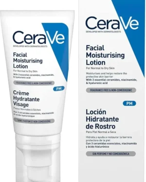 CeraVe PM Facial Moisturizing Lotion: A nighttime facial moisturizer formulated for normal to dry skin types.  This non-comedogenic, oil-free, and fragrance-free lotion contains hyaluronic acid, niacinamide, and ceramides.  Available in a 1.75 oz (52 mL) size.