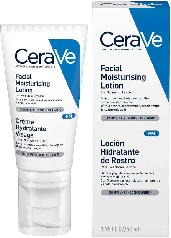 71dk1x2mjL._AC_UF10001000_QL80_FMwebp_.webp CeraVe PM Facial Moisturizing Lotion: A nighttime facial moisturizer formulated for normal to dry skin types. This non-comedogenic, oil-free, and fragrance-free lotion contains hyaluronic acid, niacinamide, and ceramides. Available in a 1.75 oz (52 mL) size. - Image 1