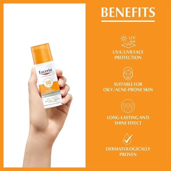 Eucerin Face Sunscreen Oil Control Gel-Cream Dry Touch, High UVA/UVB Protection, SPF 50+, Light Texture Sun Protection, Suitable Under Make-Up, For Oily Acne-Prone Skin, 50ml x 2 - Image 4